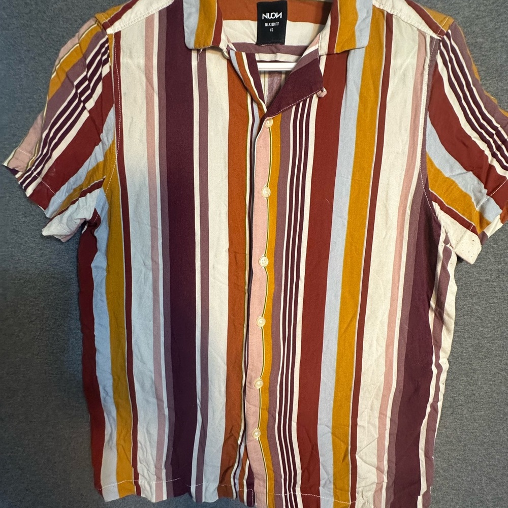 Men's Casual Striped Shirt - Burgundy, Yellow, and White XS